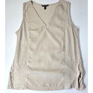 Banana Republic Linen/ Poly Panel V-neck Tank Top Women Large Petite Beige Eco